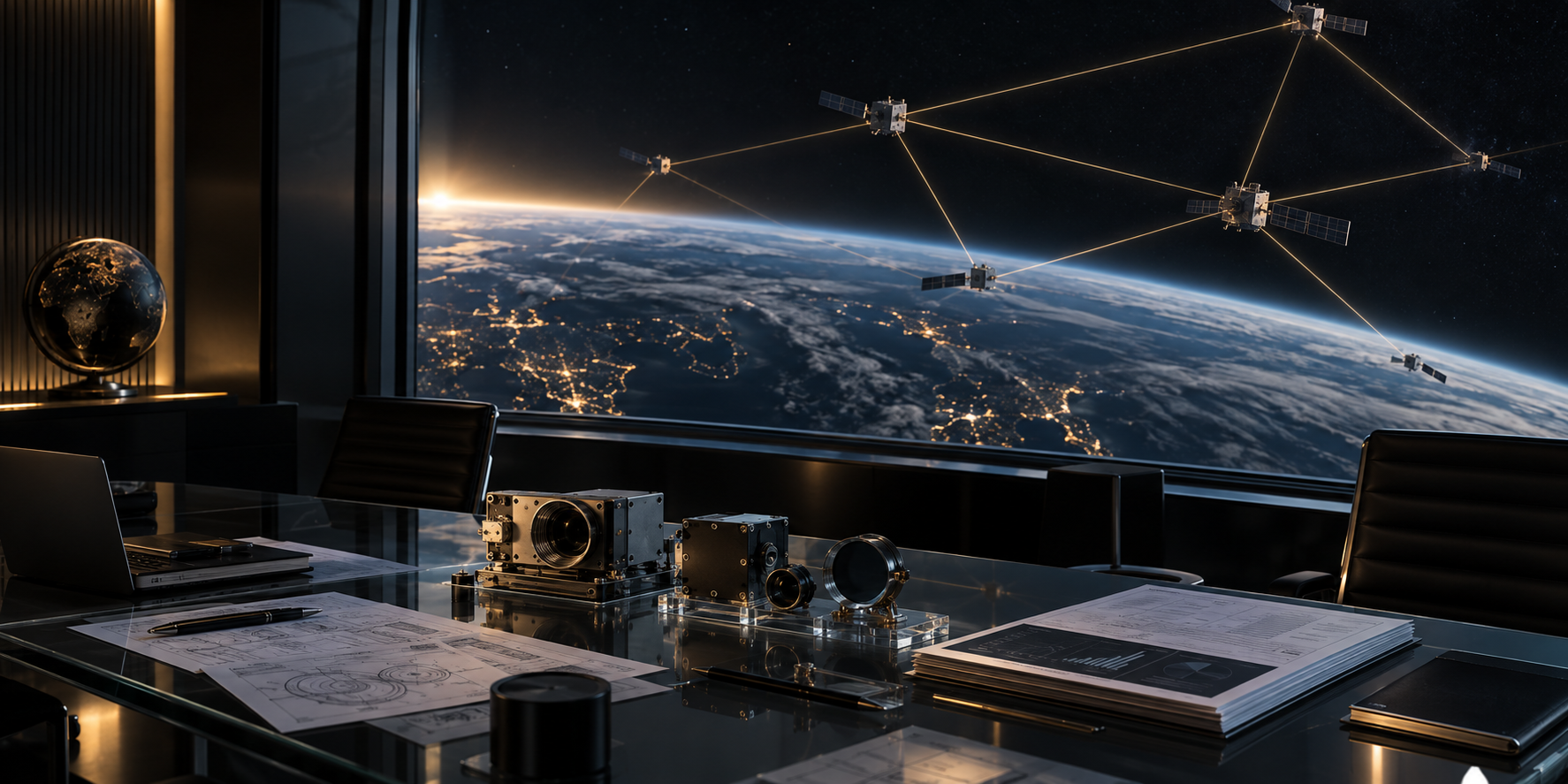 Een eersteklas transactieruimte met uitzicht op een orbitaal lasergekoppeld satellietgaas met optische terminalhardware en zonder zichtbare branding.
