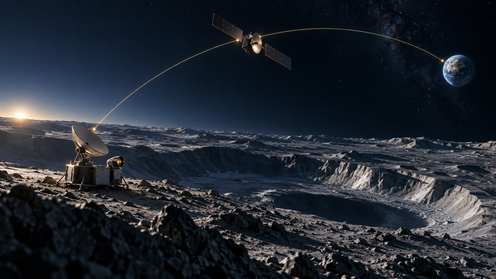 A lunar south-polar communications terminal connecting through a relay satellite to Earth across a dark blue and gold landscape.