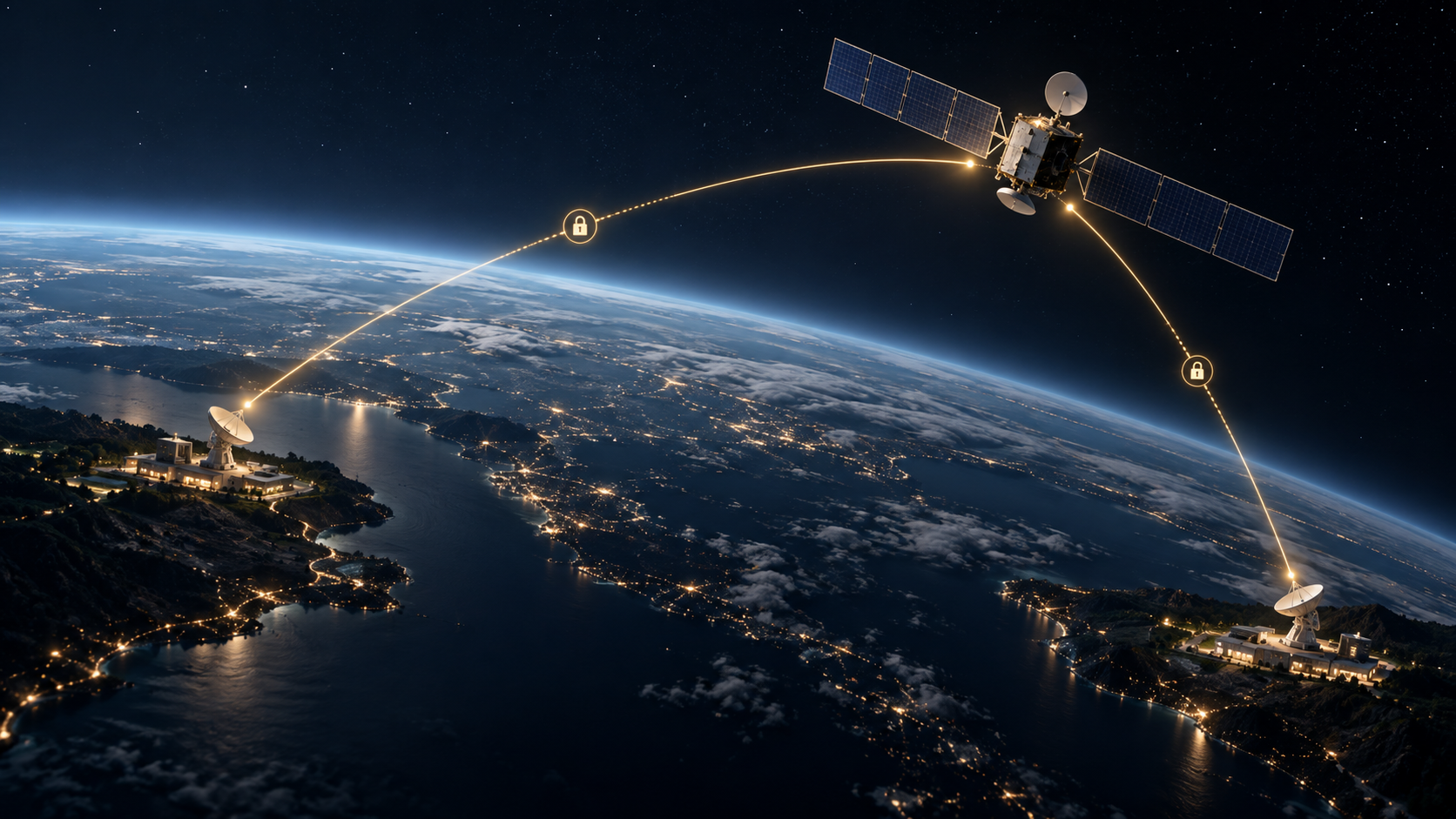 A secure communications satellite linking two geographically separated ground gateways across the Earth horizon.