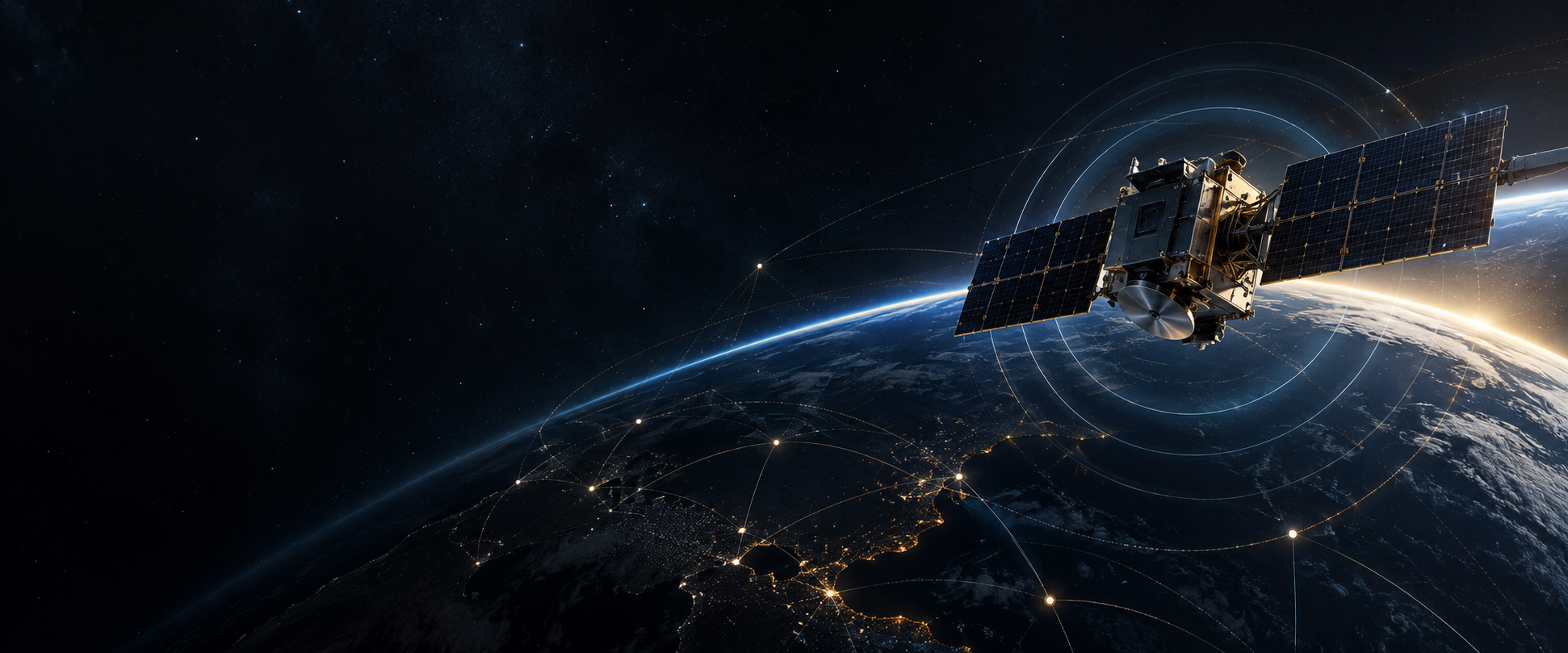 A commercial satellite protected by layered mission-control and identity-security paths above the Earth horizon.