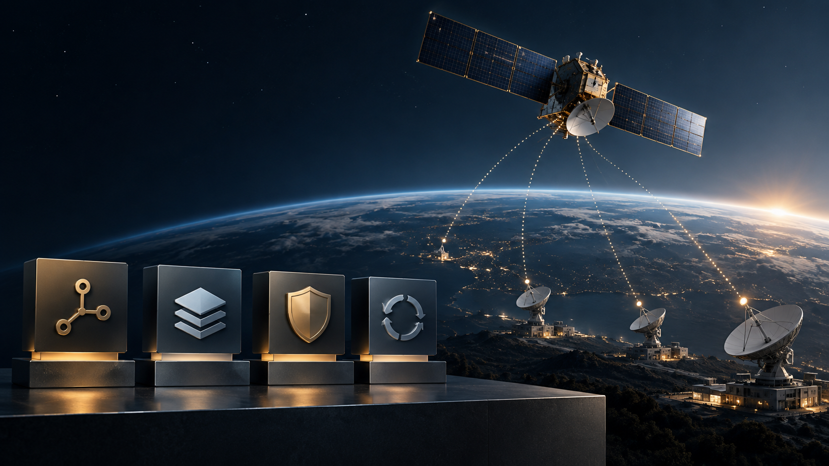 A communications satellite linked to ground stations and four secure software evidence blocks representing source, build, rights and continuity.