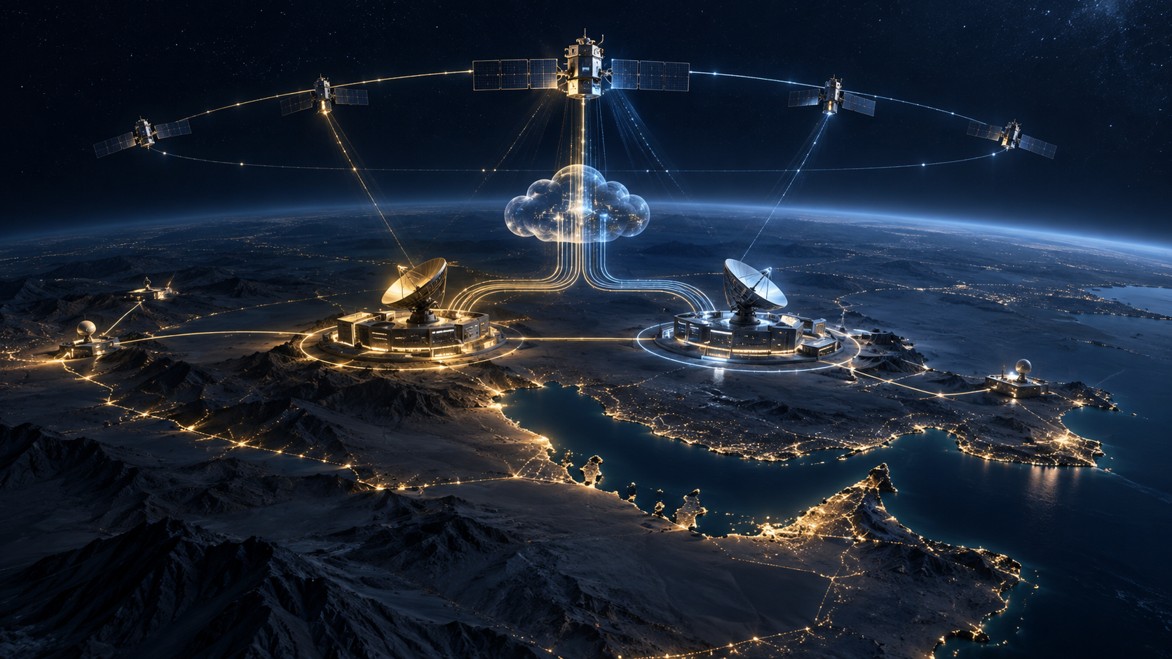 Goldene und blaue souveräne Kontrollknoten verbinden eine integrierte Satelliten-, sichere Cloud- und Bodenarchitektur über dem Golf.