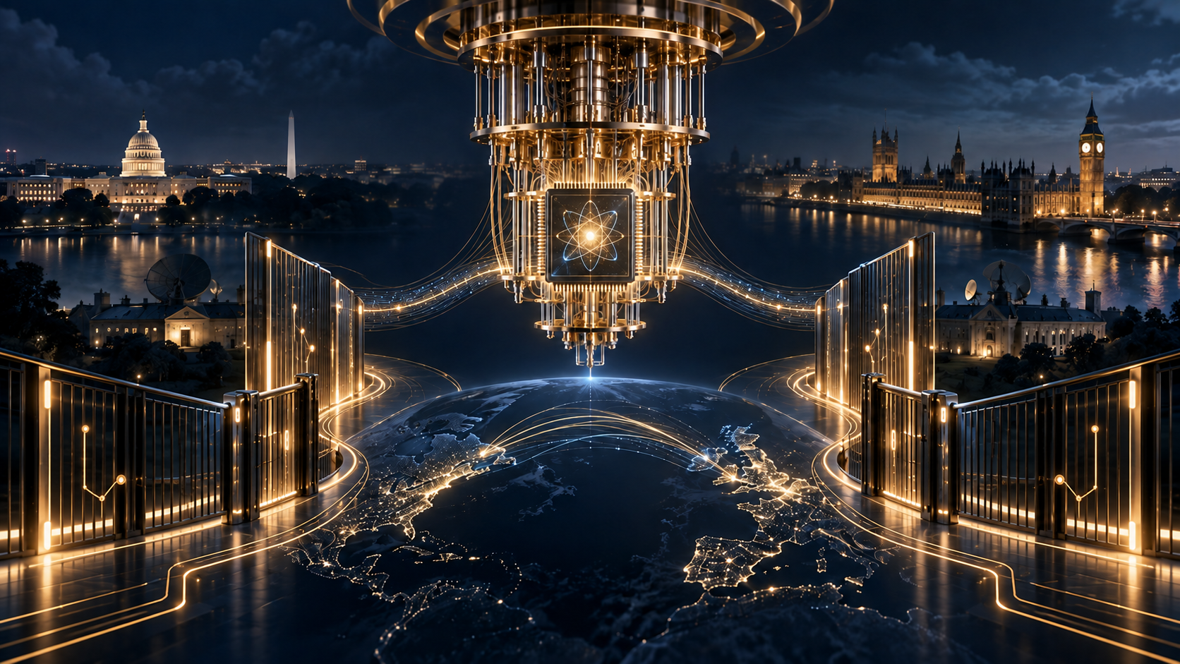 A secure quantum-computing architecture spans the United States and United Kingdom through controlled technology pathways.