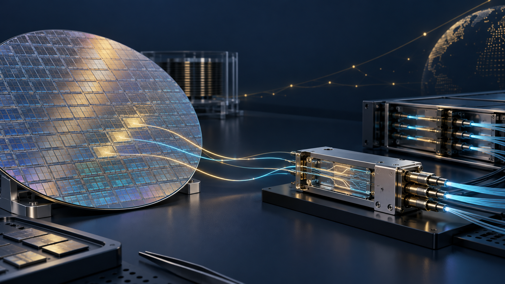 A silicon photonics wafer, optical package and quantum-light pathways connect manufacturing yield to company value.