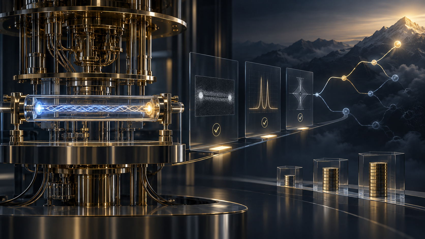 A cryogenic topological quantum device connects paired end states, evidence checkpoints, staged capital and real-option paths.