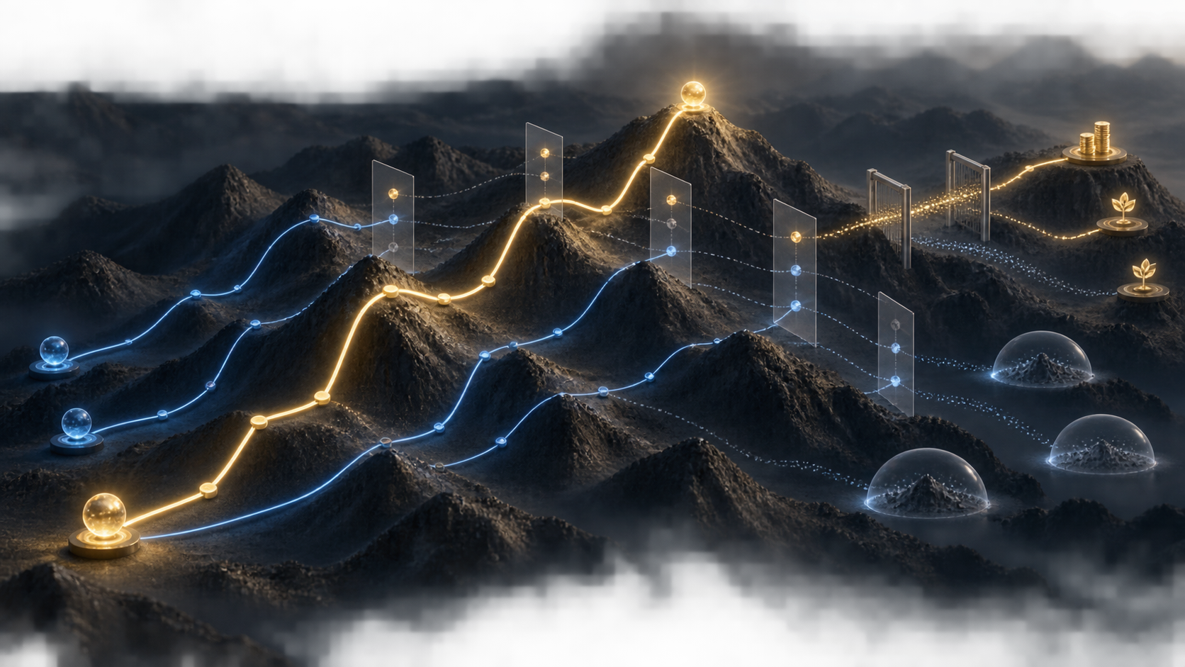 Gold and blue optimisation paths cross matched evidence gates before converging on defensible customer economics.