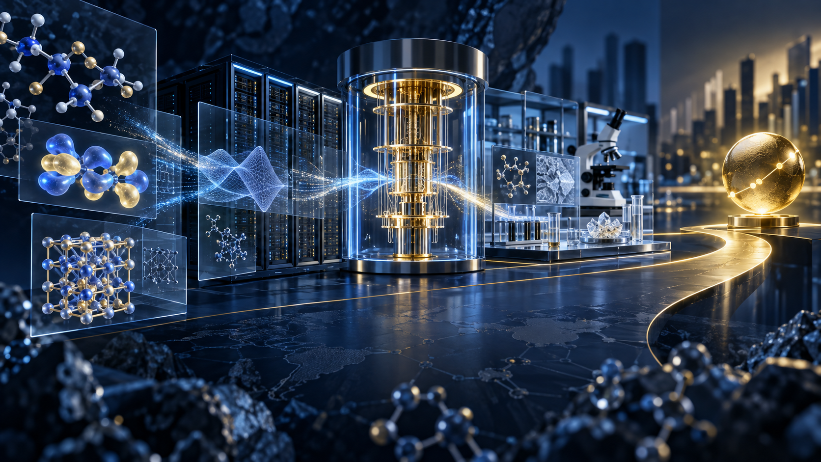 Molecular structures pass through classical, quantum and experimental evidence stages before reaching a governed customer decision.