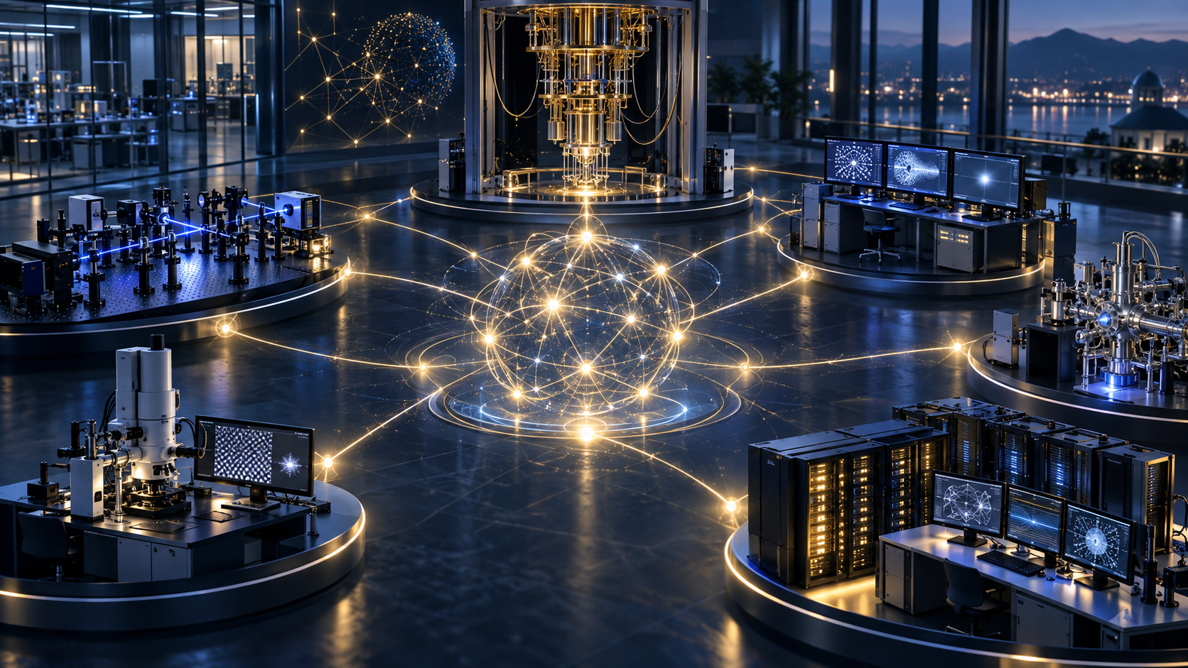 A resilient network of quantum research workstations and laboratory systems connected through a central collaboration lattice.