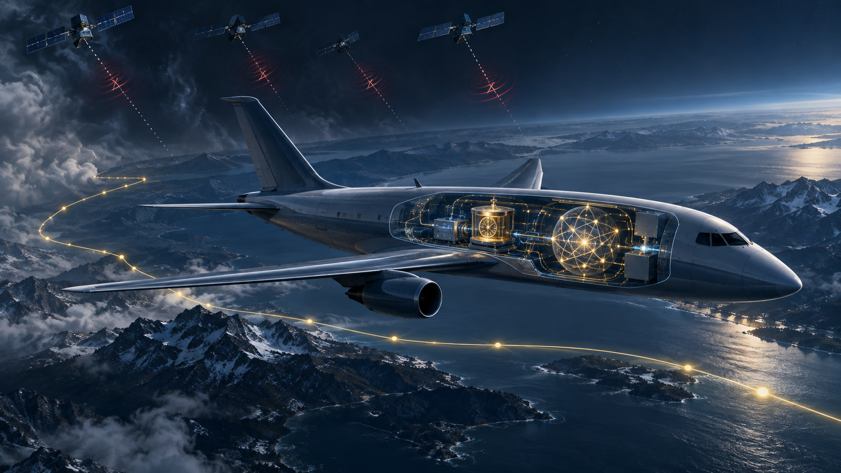 Uma aeronave mantém uma rota precisa através da cobertura de satélite interrompida usando um sensor inercial quântico conectado, um relógio óptico e um sistema de navegação híbrido.