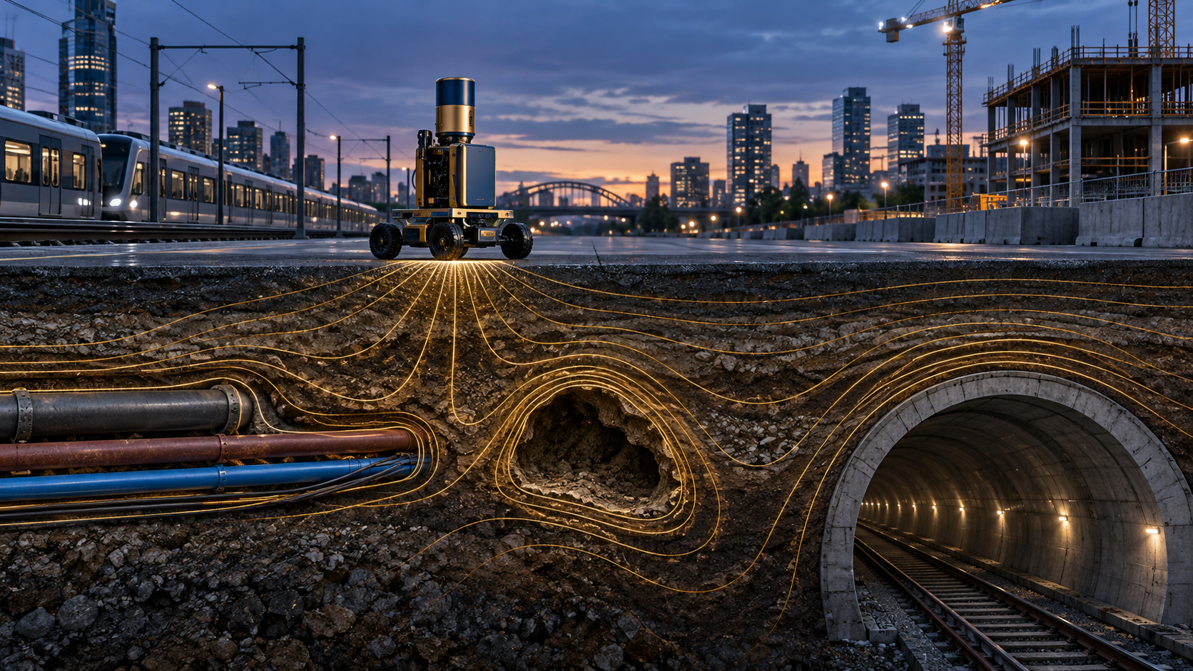A compact quantum gravimeter maps buried utilities, a void and a tunnel beneath an urban infrastructure corridor using gold gravity contours.