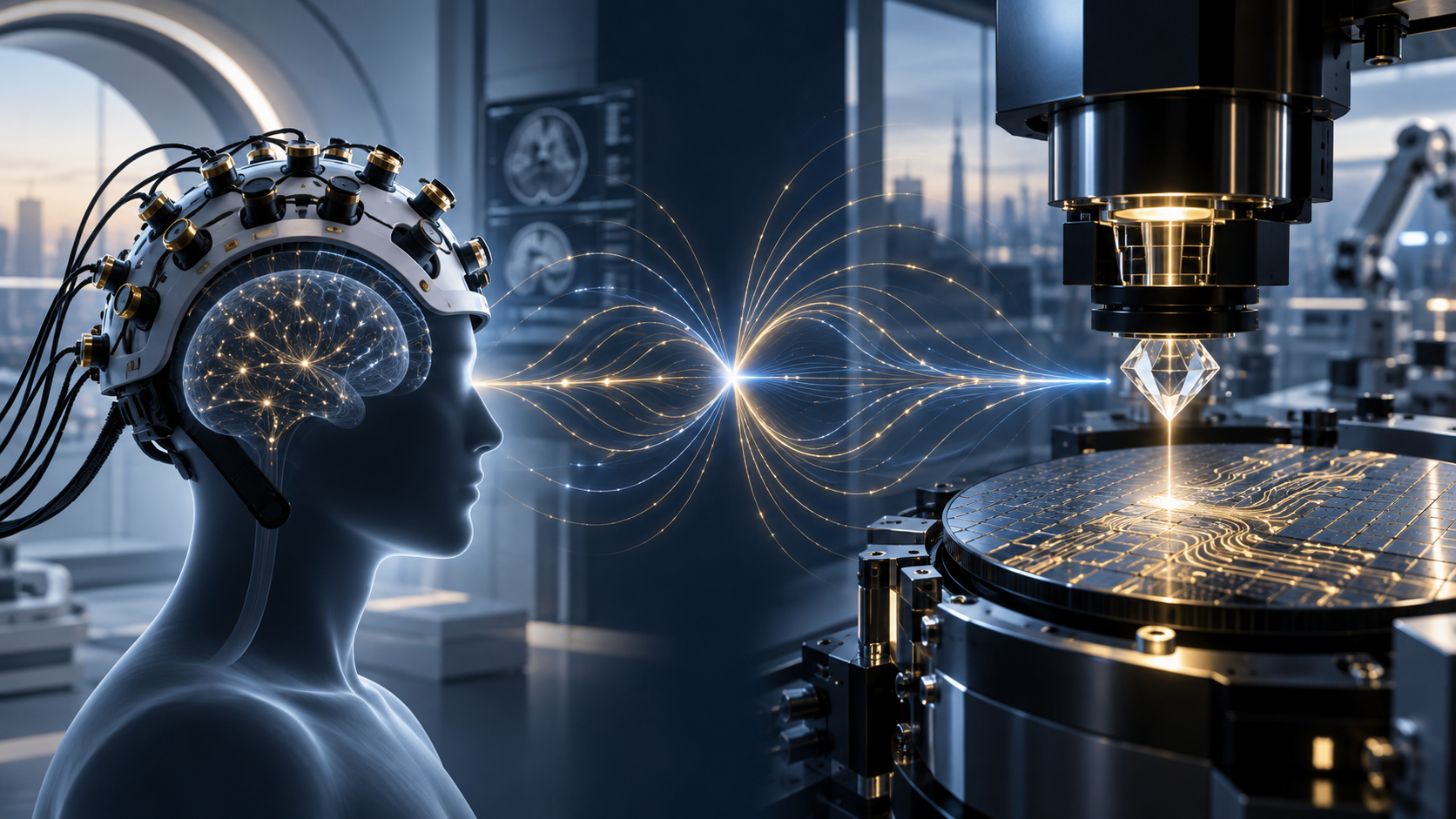 Wearable quantum biomagnetic sensing and diamond quantum microscopy are connected by magnetic field lines across healthcare and industrial settings.