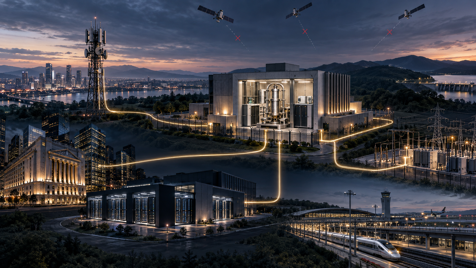 A resilient precision timing network distributes trusted terrestrial time from an atomic clock facility to telecom, finance, data-centre, power and transport infrastructure.