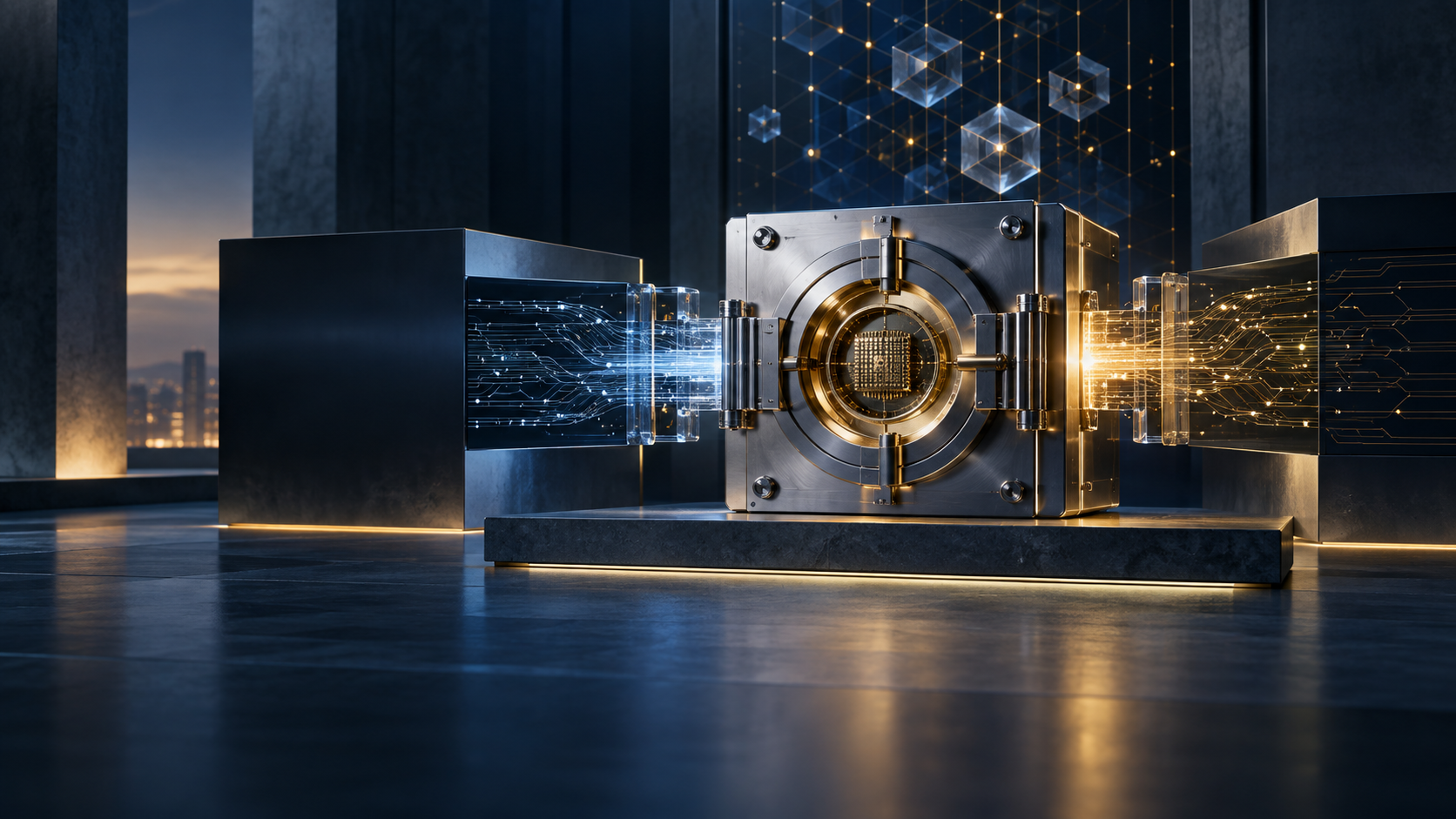 A secure hardware module connects two technology estates through controlled post-quantum interfaces.