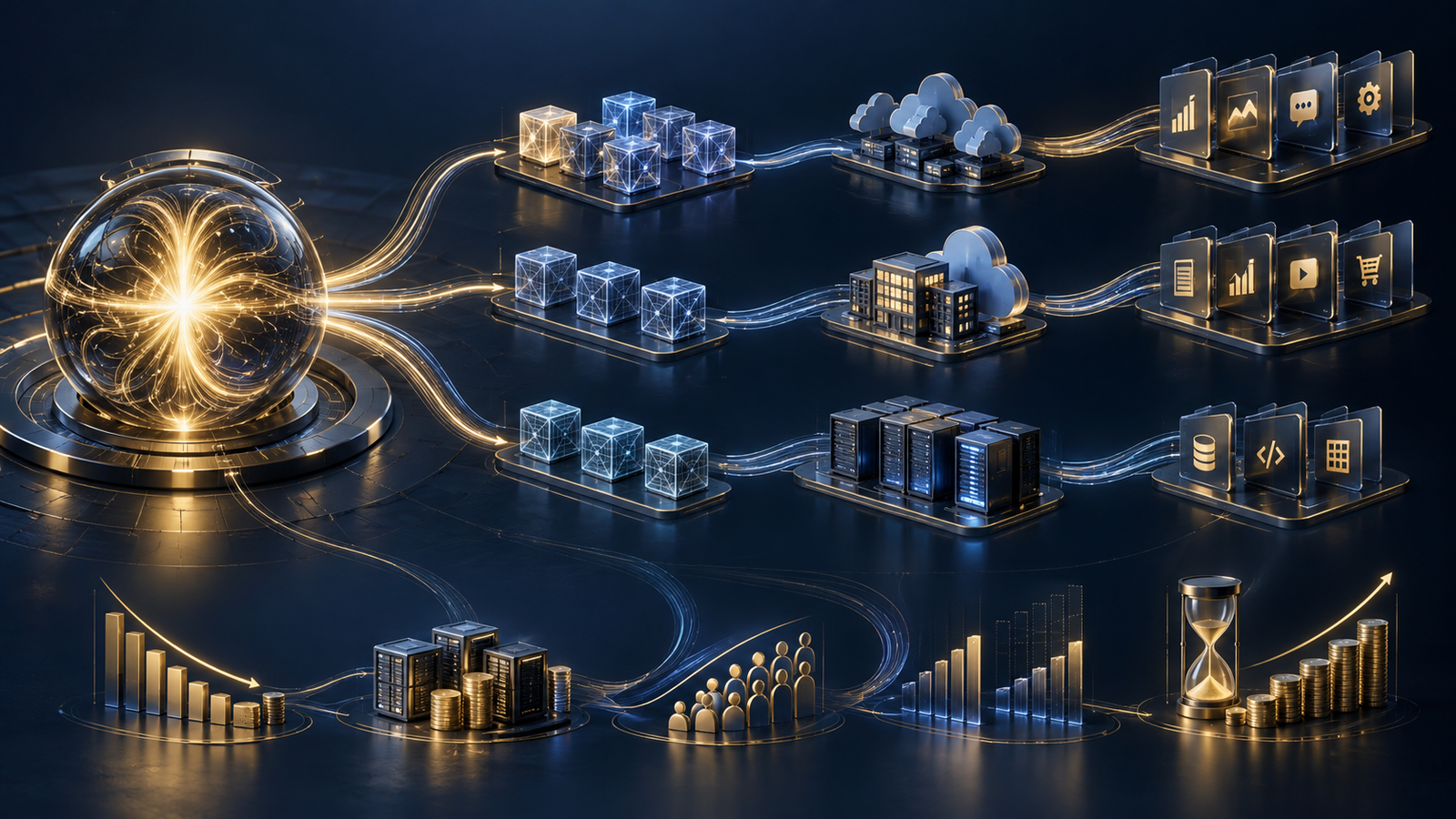 A luminous AI core branches into open-weight models, hybrid infrastructure, applications, price compression and funding pathways.
