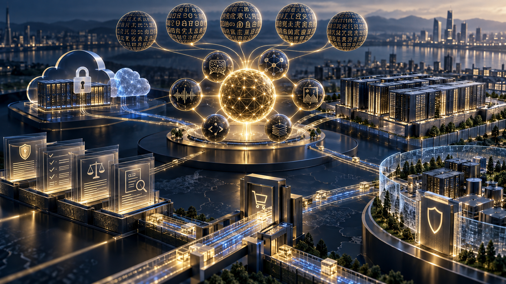 A luminous AI core branches into open-weight models, hybrid infrastructure, applications, price compression and funding pathways.