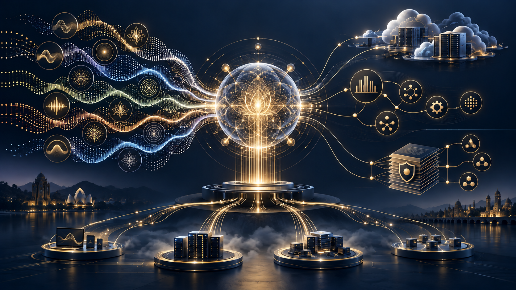 تعمل مسارات الإشارات متعددة اللغات على توصيل مركز المعلومات بحقوق البيانات وسير عمل المؤسسة وشبكات التوزيع والبنية التحتية الحاسوبية.