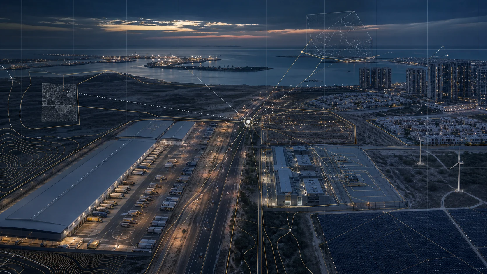 Gulf real-estate and infrastructure assets connected by controlled geospatial evidence