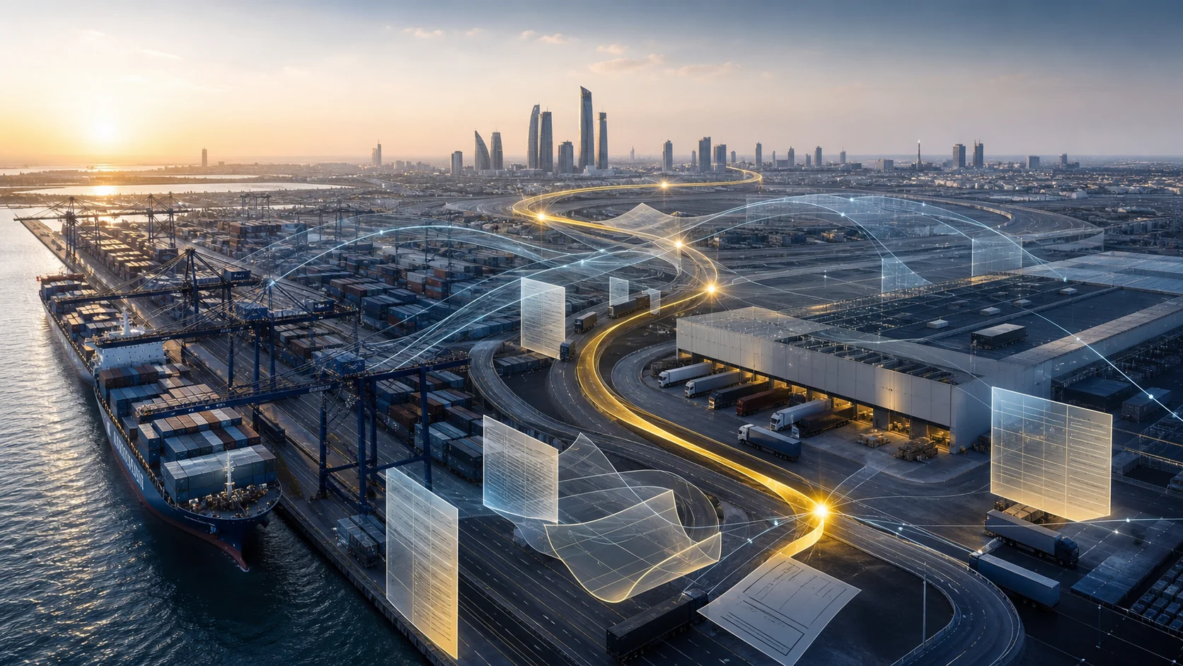 Gulf logistics and supply-chain-finance flows represented as a controlled optimisation system