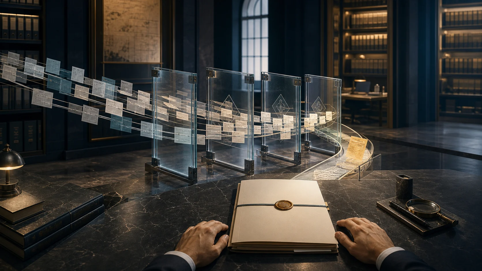Controlled back-office evidence streams passing through approval gates into an accepted work packet
