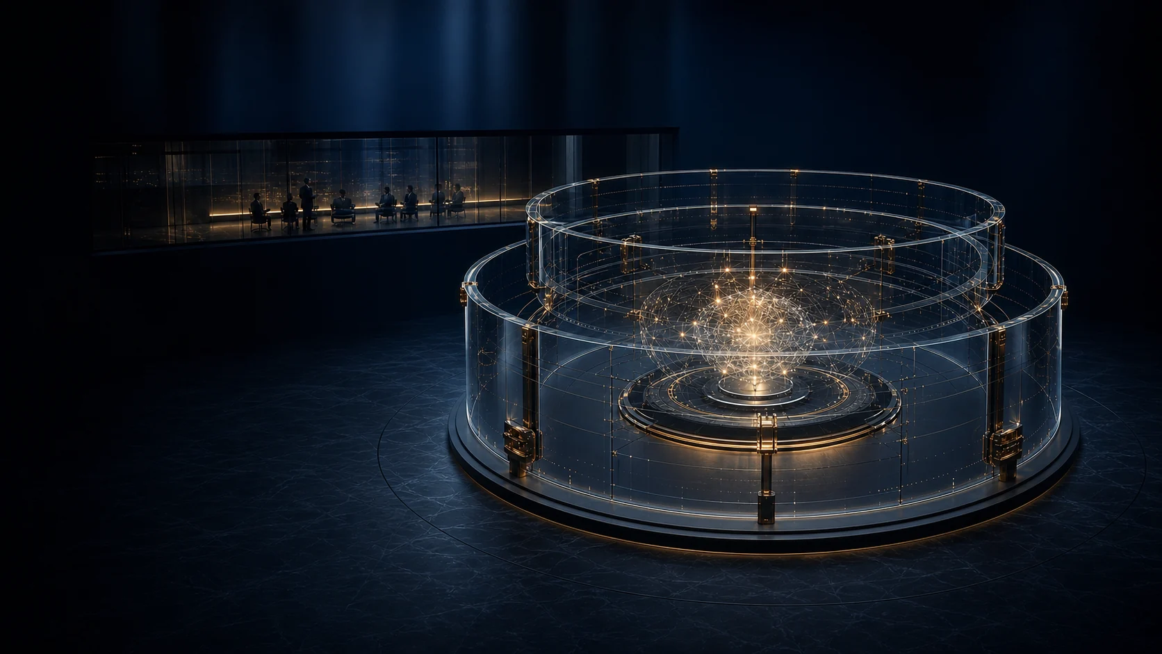 Concentric glass governance rings protecting an artificial-intelligence core while an investment committee observes the control boundary