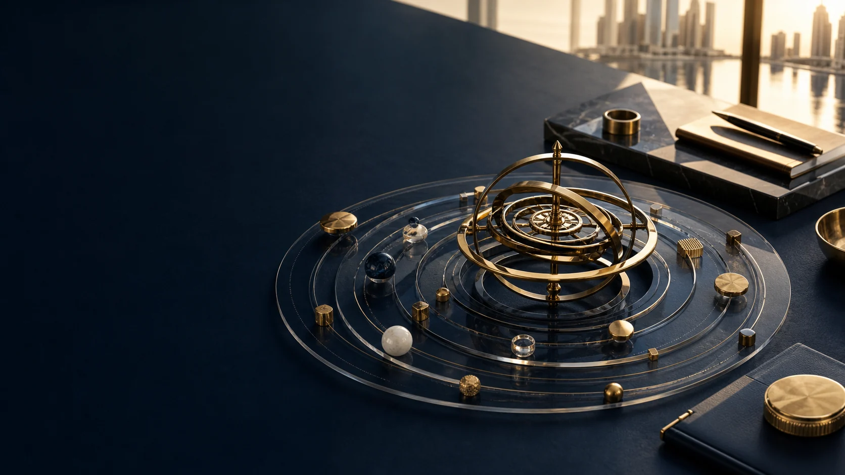 A precision gyroscope aligning household objectives, liabilities, liquidity and portfolio assets around a governed wealth-management decision