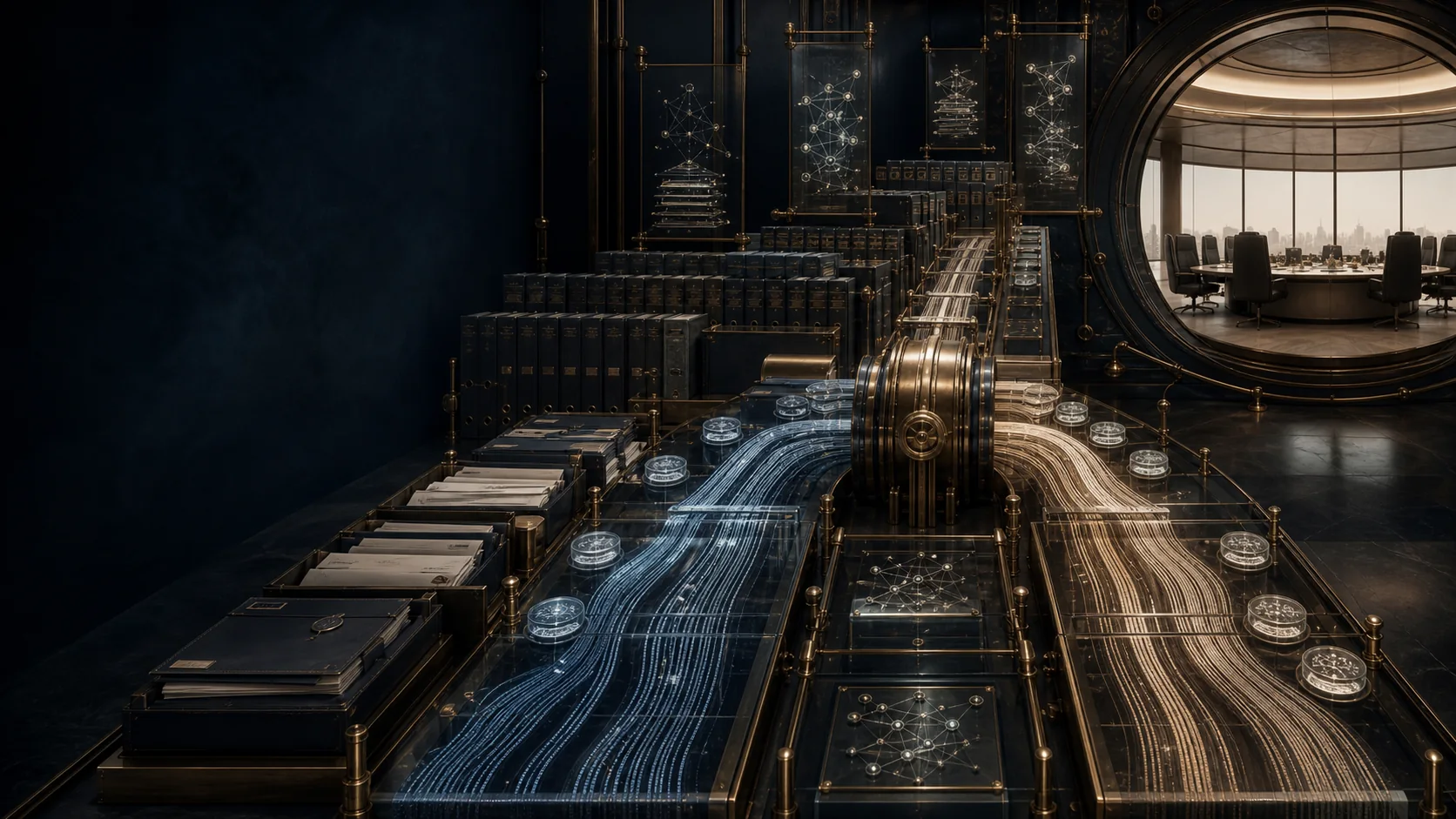 Two protected evidence streams pass through a brass provenance spine into an institutional decision chamber