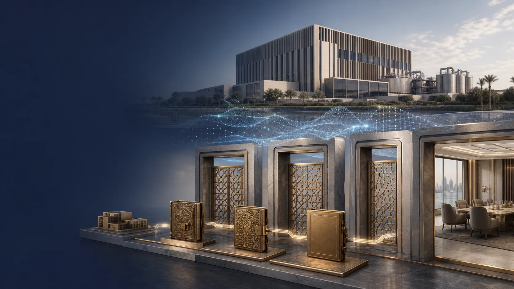 A Gulf digital-infrastructure asset connects through verified brass rights records, permission gates and an AI-assisted evidence layer to an institutional investment chamber