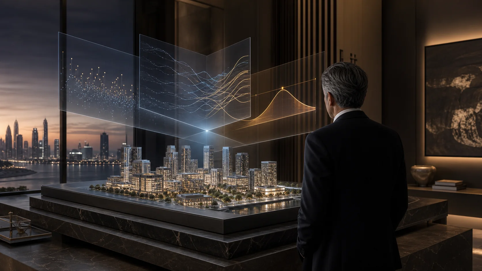 A senior investment professional reviews comparable evidence and scenario distributions above a Gulf mixed-use development model