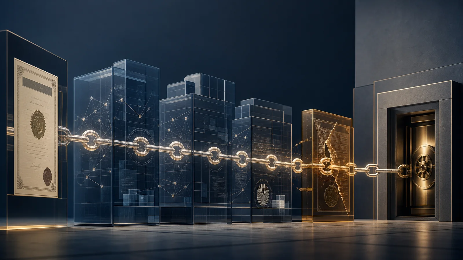 A luminous evidence chain passes through layered private-company structures to a controlled settlement vault