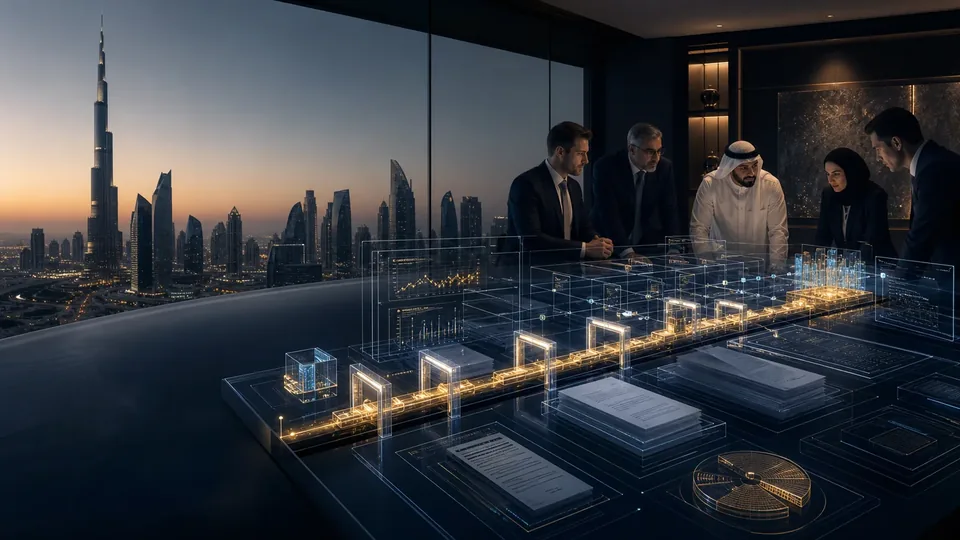 A GCC private-credit investment committee reviews an evidence-linked underwriting architecture with controlled covenant and escrow pathways