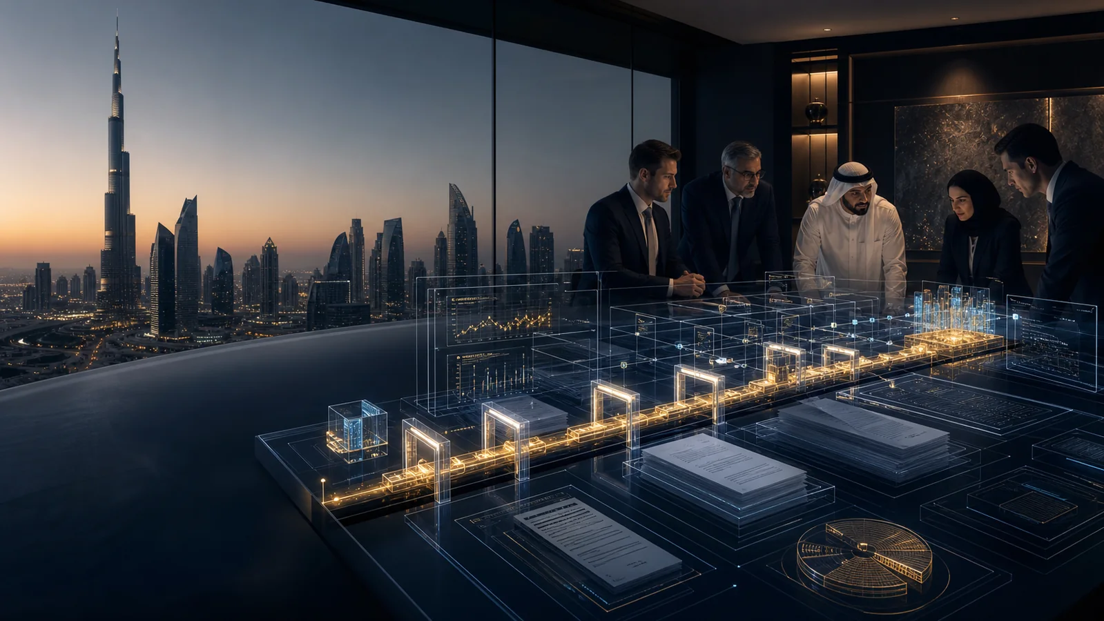 A GCC private-credit investment committee reviews an evidence-linked underwriting architecture with controlled covenant and escrow pathways