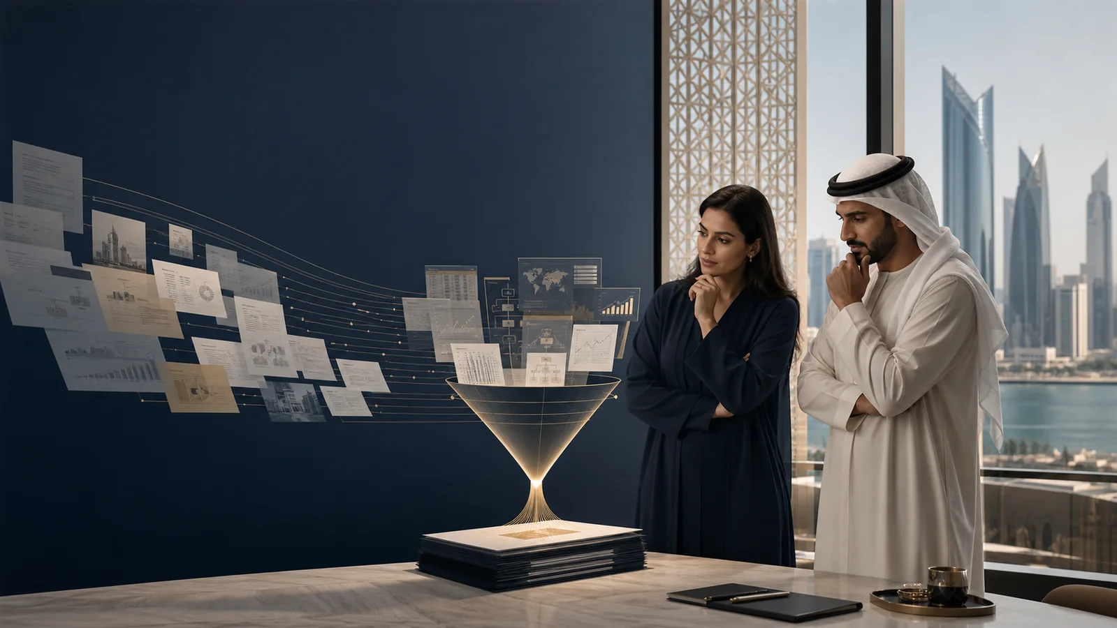 Two GCC family-office investment professionals review a disciplined evidence funnel that converts many deal sources into one accountable committee pack