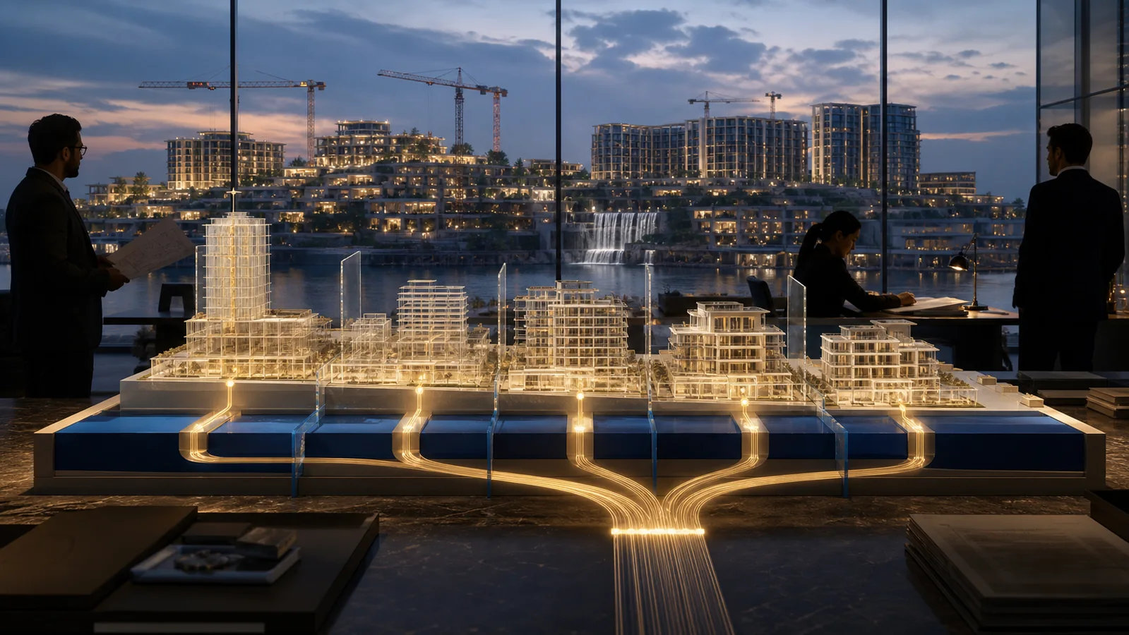 Gulf real-estate specialists review a milestone model whose verified construction stages connect to controlled escrow-release channels