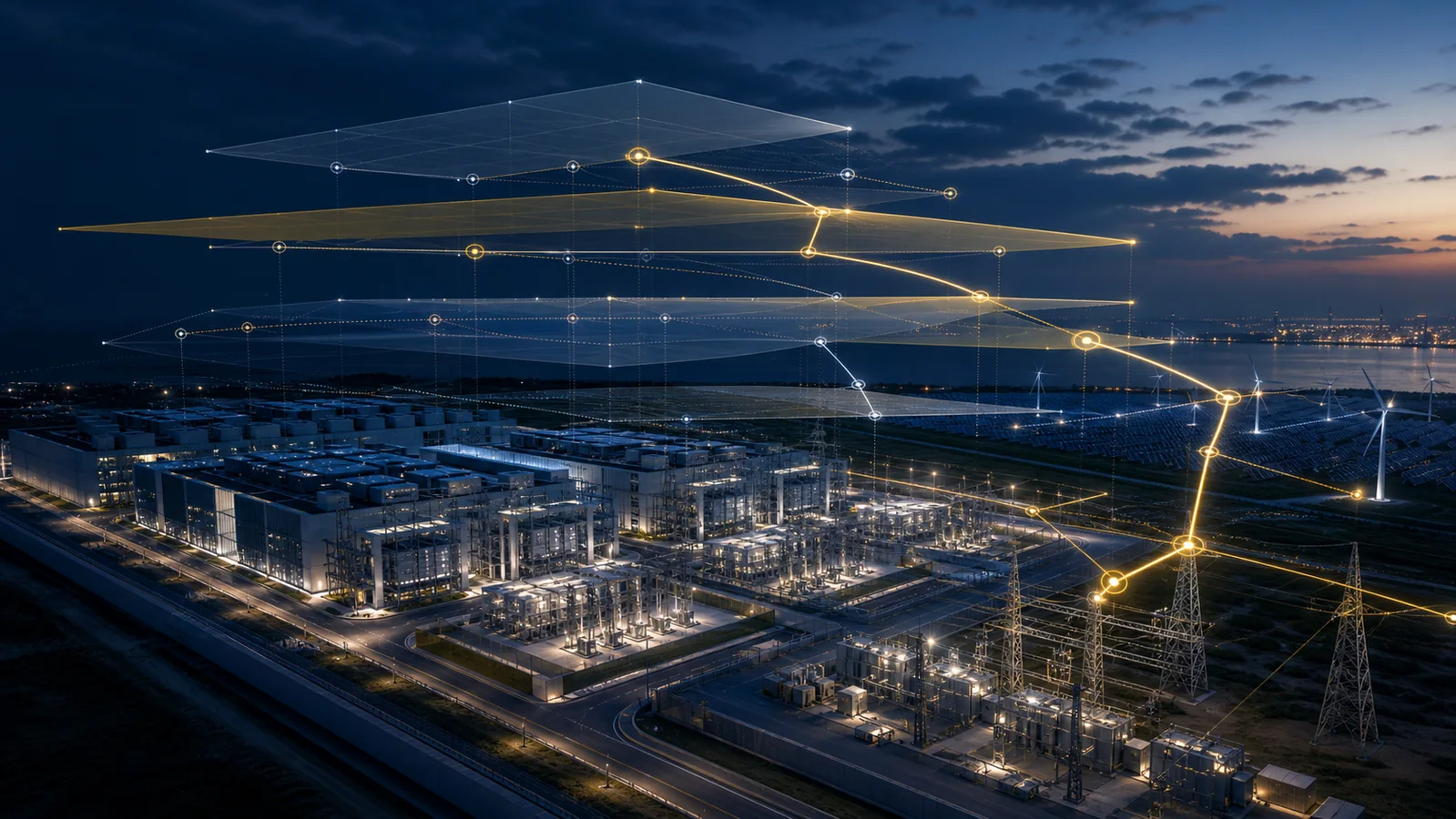 A Gulf data-centre campus links layered capital planes to an optimised gold path across power and infrastructure nodes