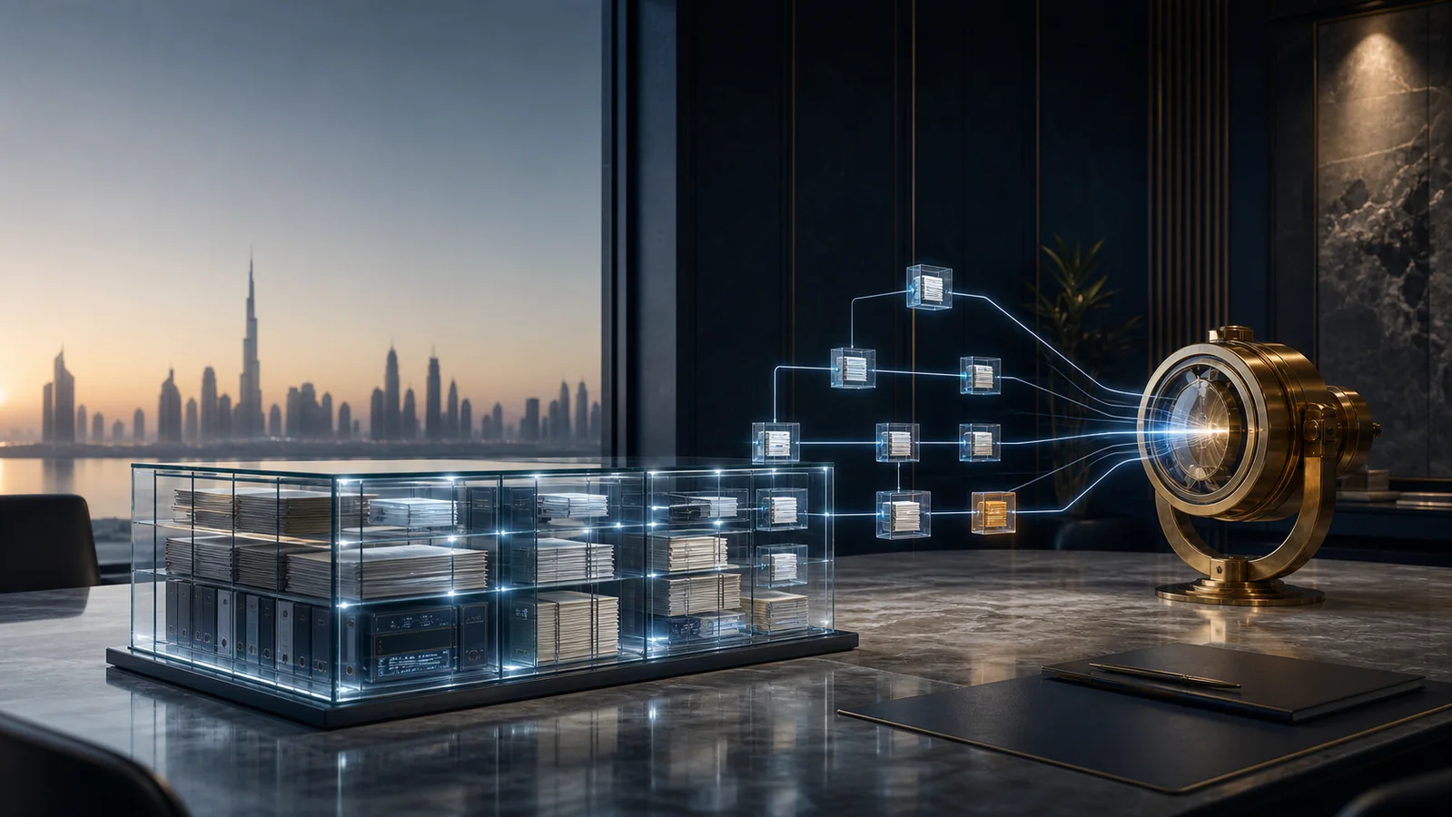 A transparent diligence vault connects evidence files and one amber ownership anomaly to a gold institutional review lens overlooking Dubai