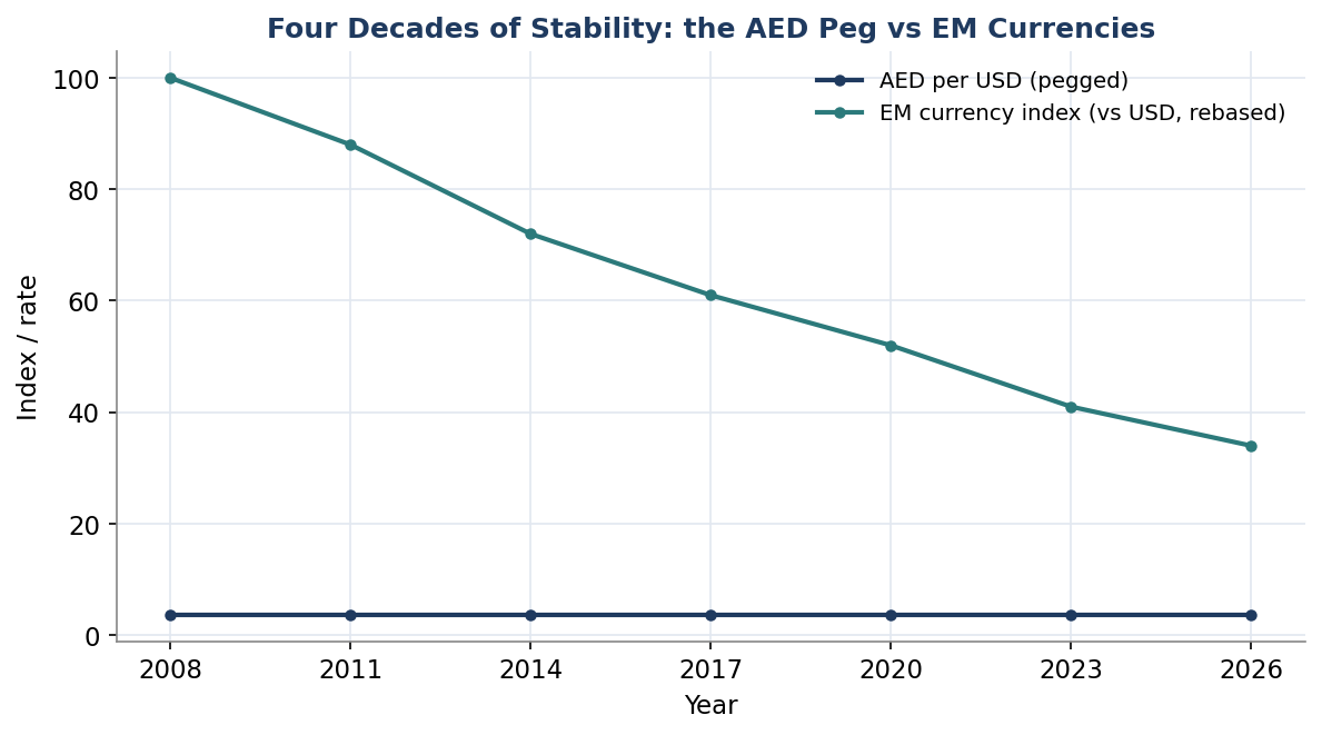 Figure 1. Four Decades of Stability: the AED Peg versus Emerging-Market Currencies