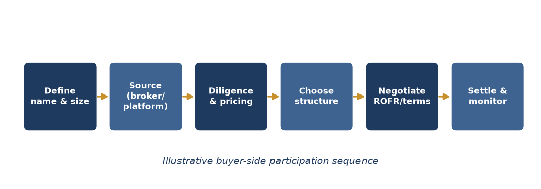Figure 8. Illustrative buyer-side participation sequence, from defining the target name and size through to settlement and ongoing monitoring. Stylised process map.
